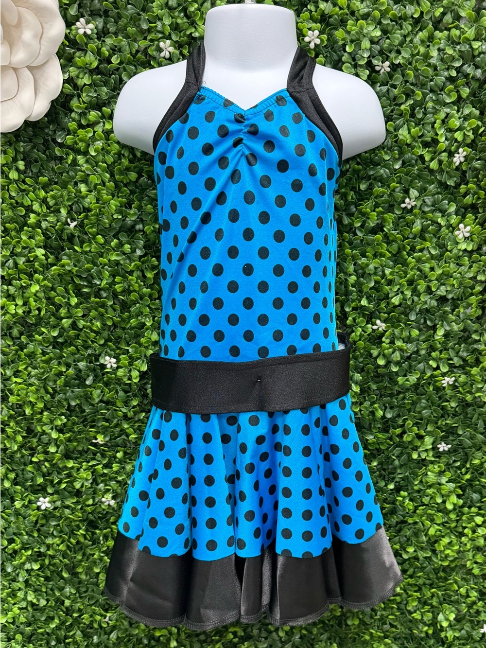 Girls Blue Polka Dot Dance Costume with Black Accents